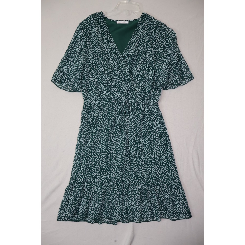 Green Leopard‎ Print Faux Wrap Kirundo Mini Dress Flutter Sleeve Elastic Waist M